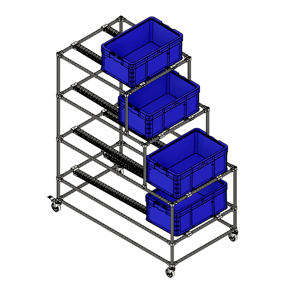 D28 BIN FLOW CART MODULAR SOLUTION D28 LEAN TUBE, FLOW CART WITH FOUR BINS